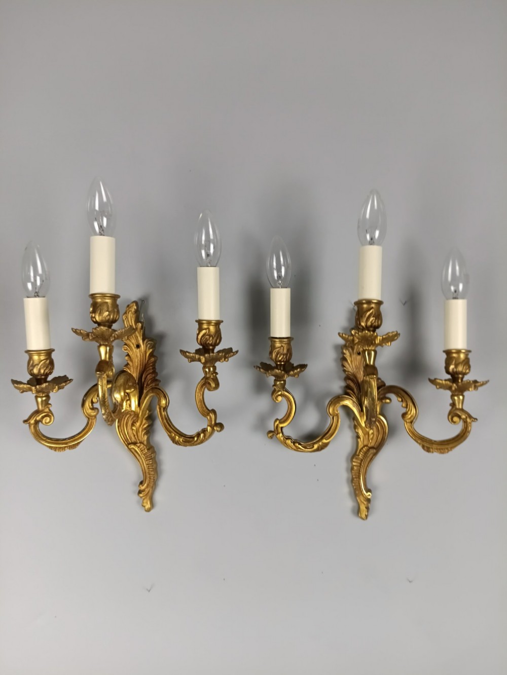 Pair Of French Triple Arm Gilded Brass Wall Lights
