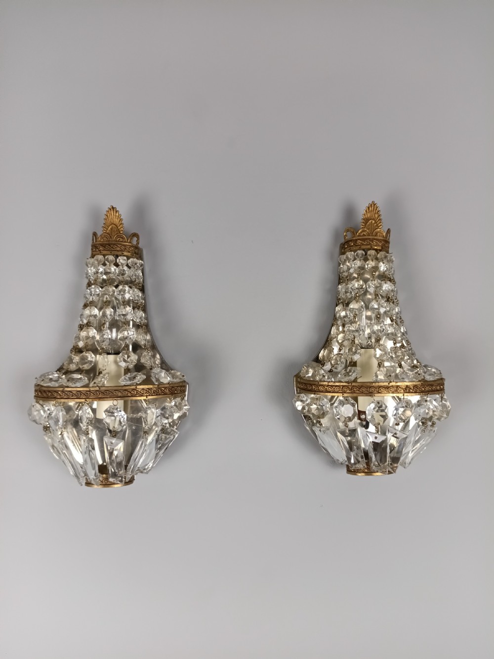 Pair Of French Single Light Crystal Tent Antique Wall Lights