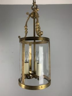 FRENCH TRIPLE LIGHT BRASS CONVEX LANTERN REWIRED