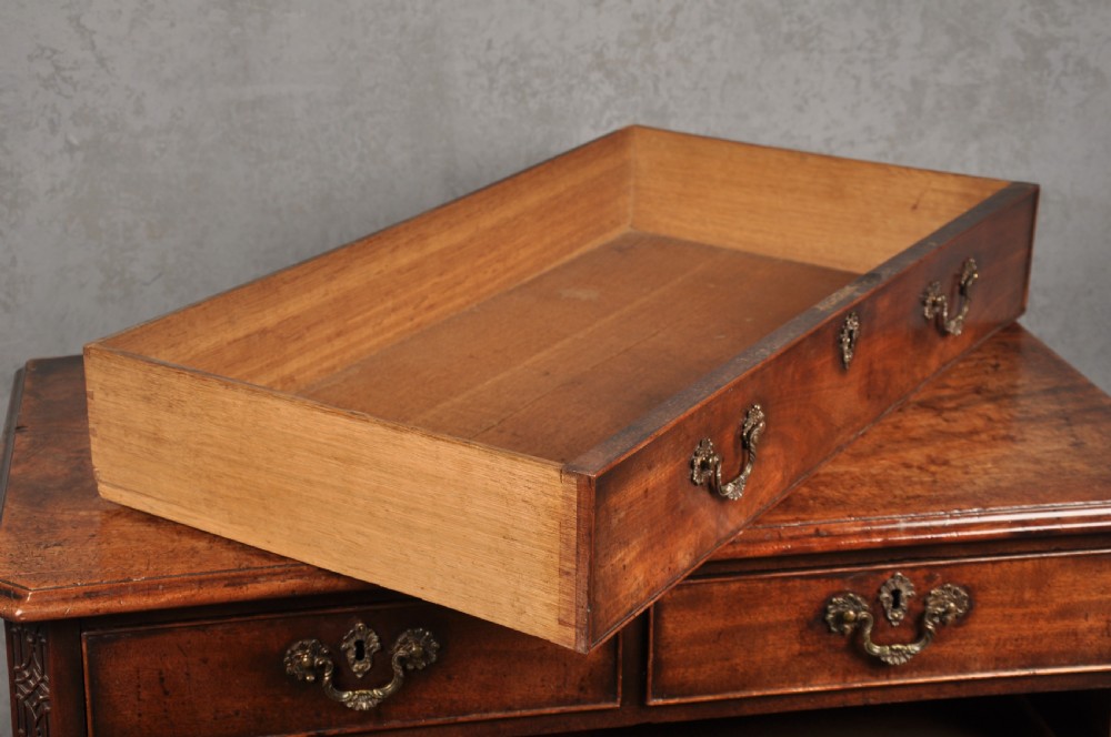 An 18th-century mahogany chest of drawers featuring two short over three long graduated drawers, carved blind fretwork stiles, brass swan-neck handles, and ogee bracket feet. View VII
