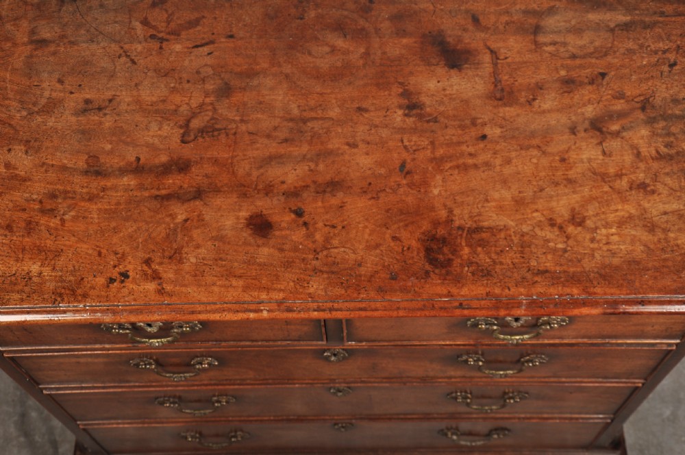 An 18th-century mahogany chest of drawers featuring two short over three long graduated drawers, carved blind fretwork stiles, brass swan-neck handles, and ogee bracket feet. View XI