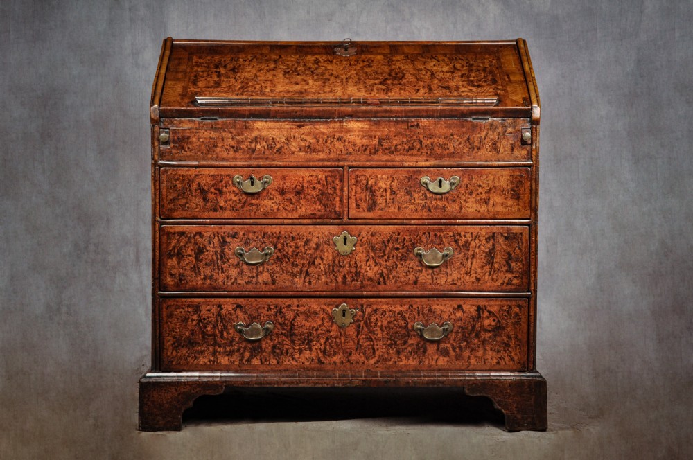 A late 17th-century slant-front bureau featuring highly figured mulberry veneer, brass drop handles, keyhole escutcheons, and four drawers resting on bracket feet.