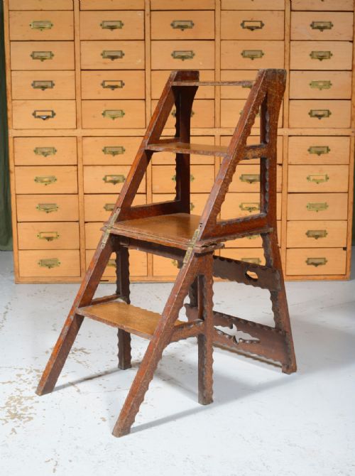 arts crafts oak metamorphic library chair steps c1870 - CATEGORY: ANTIQUE CHAIRS - DATED VICTORIAN