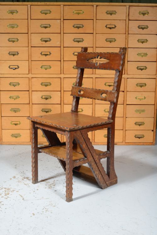 ARTS CRAFTS OAK METAMORPHIC LIBRARY CHAIR STEPS C1870 - ADDITIONAL PHOTO 1