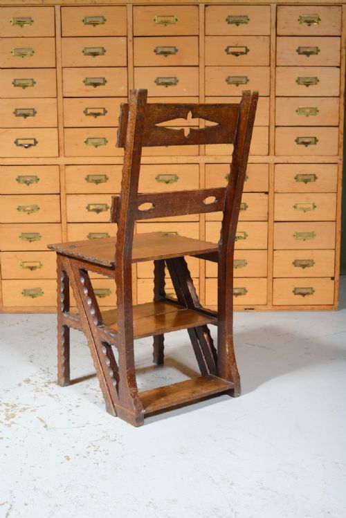 ARTS CRAFTS OAK METAMORPHIC LIBRARY CHAIR STEPS C1870 - ADDITIONAL PHOTO 3