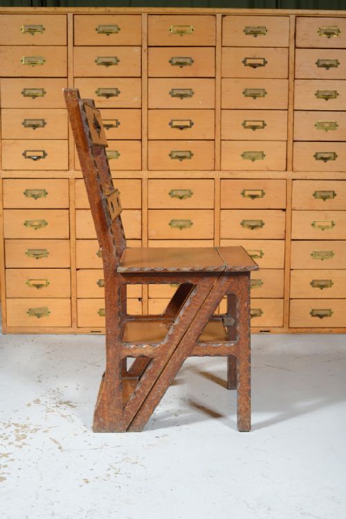 ARTS CRAFTS OAK METAMORPHIC LIBRARY CHAIR STEPS C1870 - ADDITIONAL PHOTO 4