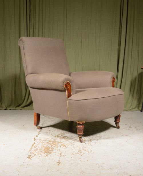 a victorian walnut easy armchair in grey herringbone upholstery c1890 - CATEGORY: ANTIQUE CHAIRS - DATED 