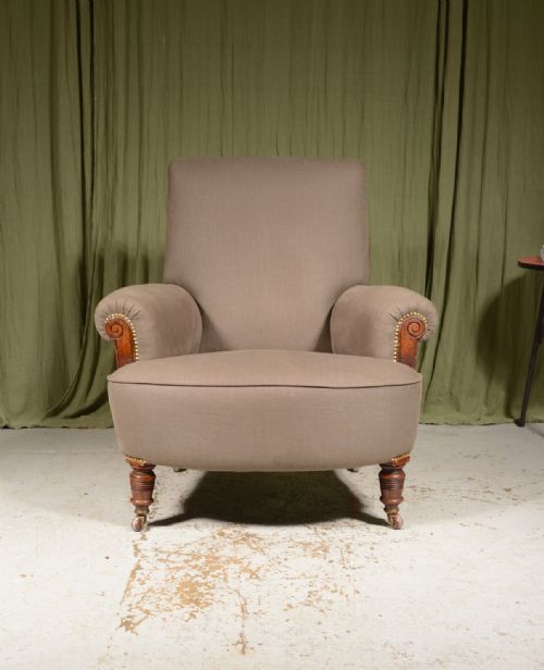 A VICTORIAN WALNUT EASY ARMCHAIR IN GREY HERRINGBONE UPHOLSTERY C1890 - ADDITIONAL PHOTO 1