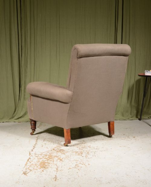 A VICTORIAN WALNUT EASY ARMCHAIR IN GREY HERRINGBONE UPHOLSTERY C1890 - ADDITIONAL PHOTO 2