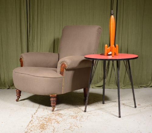 A VICTORIAN WALNUT EASY ARMCHAIR IN GREY HERRINGBONE UPHOLSTERY C1890 - ADDITIONAL PHOTO 6