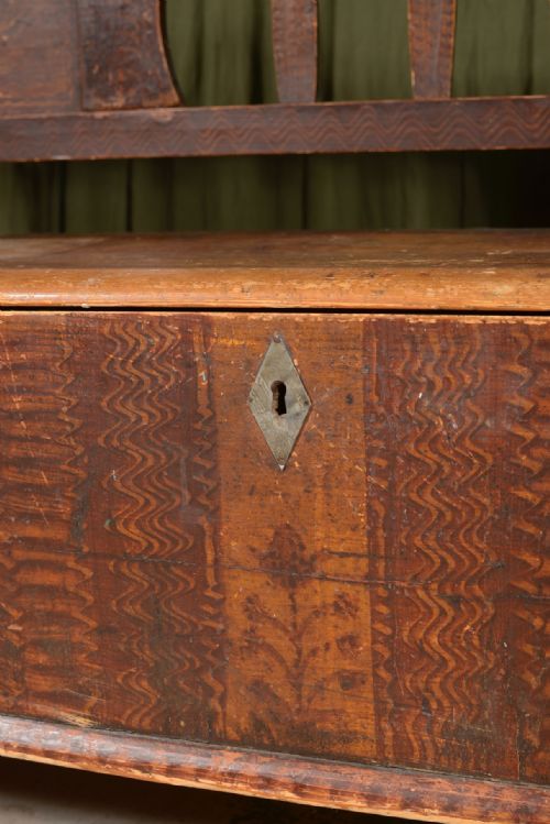 A FOLK ART PAINTED PINE MARRIAGE BENCH C1900 - ADDITIONAL PHOTO 2
