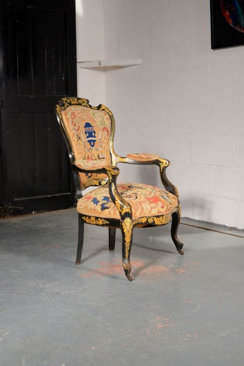 A FRENCH LOUIS PHILIPPE TAPESTRY ARMCHAIR 'NON VERBA SED ACTA' C1890 - ADDITIONAL PHOTO 3
