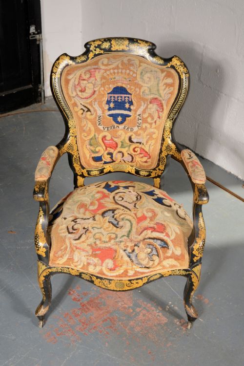A FRENCH LOUIS PHILIPPE TAPESTRY ARMCHAIR 'NON VERBA SED ACTA' C1890 - ADDITIONAL PHOTO 4