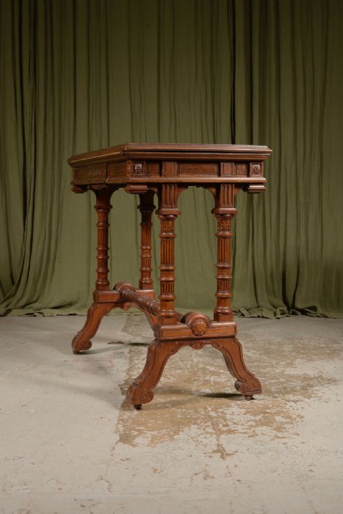 AN AESTHETIC MOVEMENT ARCHITECTURAL FIGURED MAHOGANY CONSOLE CARD TABLE BY WILLIAM WALKER SONS LONDON C1870 - ADDITIONAL PHOTO 2