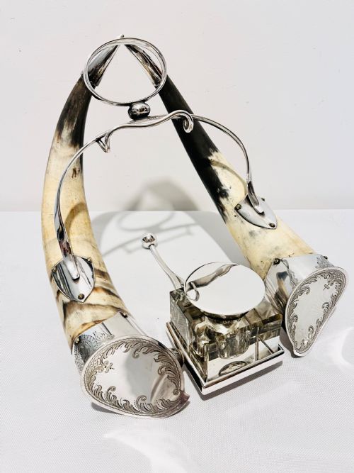 antique silver plate cow horn desk inkstand c1880 - CATEGORY: ANTIQUE SILVER - DATED 1880