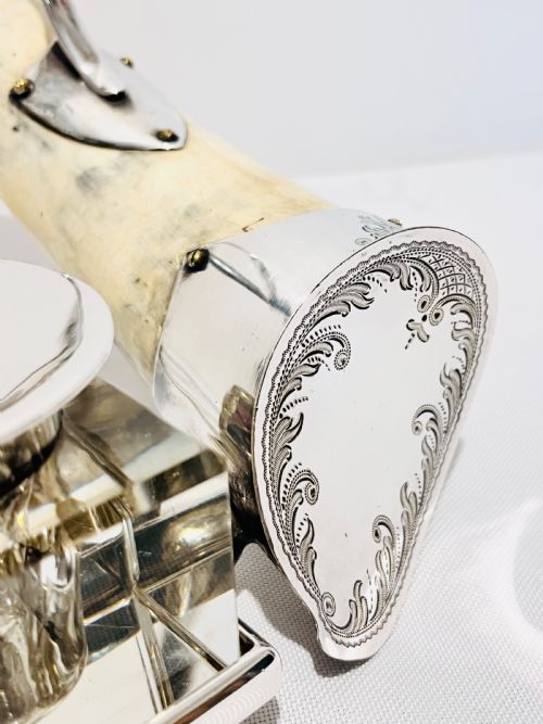ANTIQUE SILVER PLATE COW HORN DESK INKSTAND C1880 - ADDITIONAL PHOTO 1
