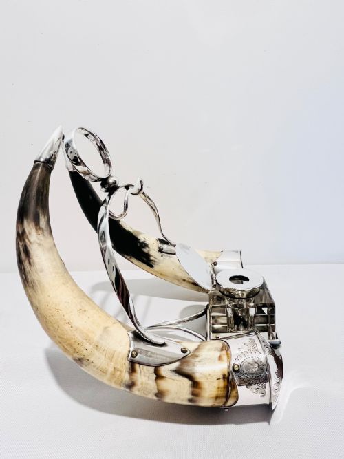 ANTIQUE SILVER PLATE COW HORN DESK INKSTAND C1880 - ADDITIONAL PHOTO 4