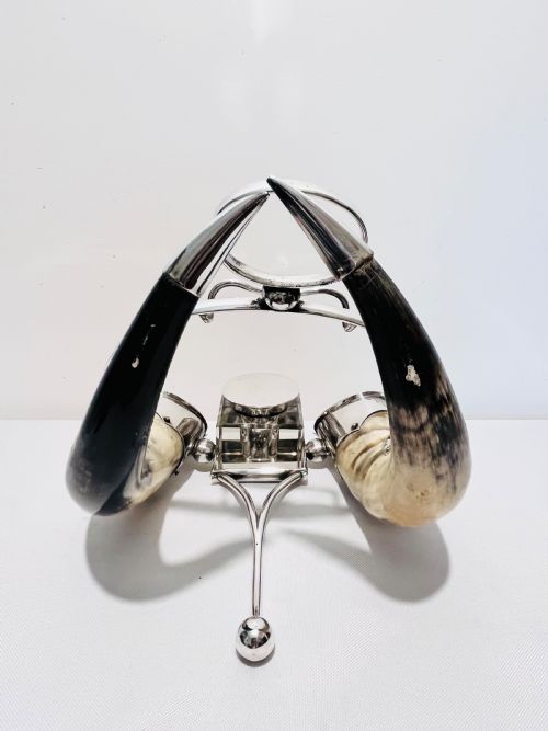 ANTIQUE SILVER PLATE COW HORN DESK INKSTAND C1880 - ADDITIONAL PHOTO 5