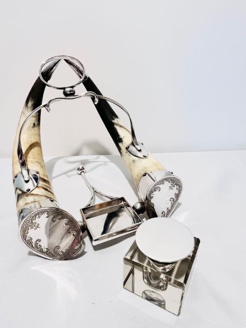 ANTIQUE SILVER PLATE COW HORN DESK INKSTAND C1880 - ADDITIONAL PHOTO 7