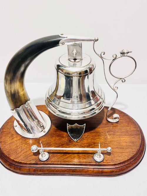 antique silver plated dinner bell with cow horn mounted on an oak base c1880 - CATEGORY: ANTIQUE SILVER - DATED 1880