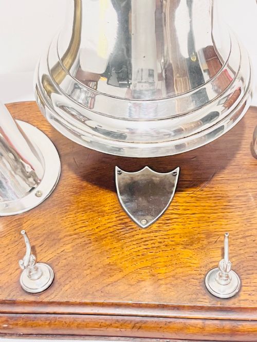 ANTIQUE SILVER PLATED DINNER BELL WITH COW HORN MOUNTED ON AN OAK BASE C1880 - ADDITIONAL PHOTO 4