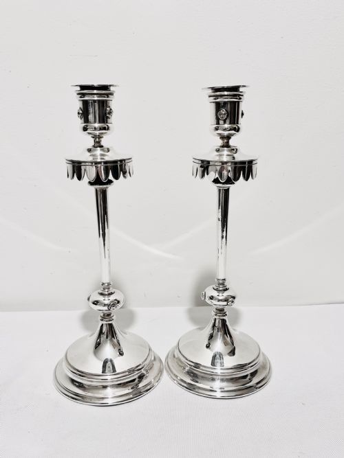 stylish pair of arts craft candlesticks by john round c1900 - CATEGORY: ANTIQUE LIGHTING - DATED 1900