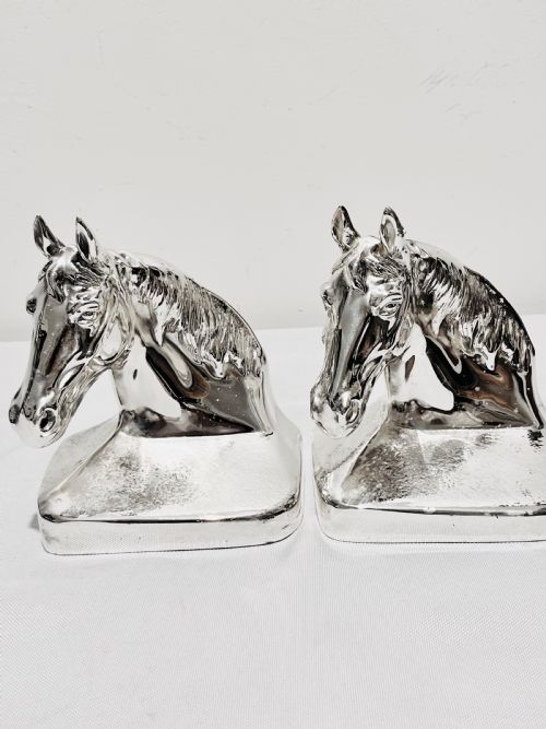 SMART VINTAGE SILVER PLATED HORSE HEAD BOOK ENDS C1940 - ADDITIONAL PHOTO 1