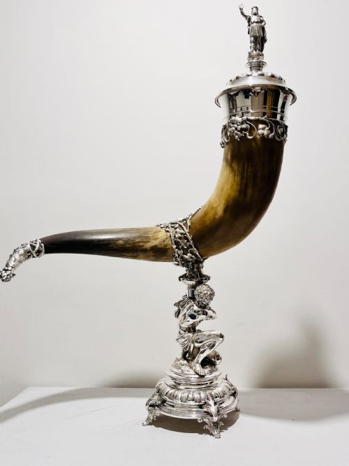 ENORMOUS ANTIQUE SILVER PLATED COW HORN TABLE DECORATION C1880 - ADDITIONAL PHOTO 8