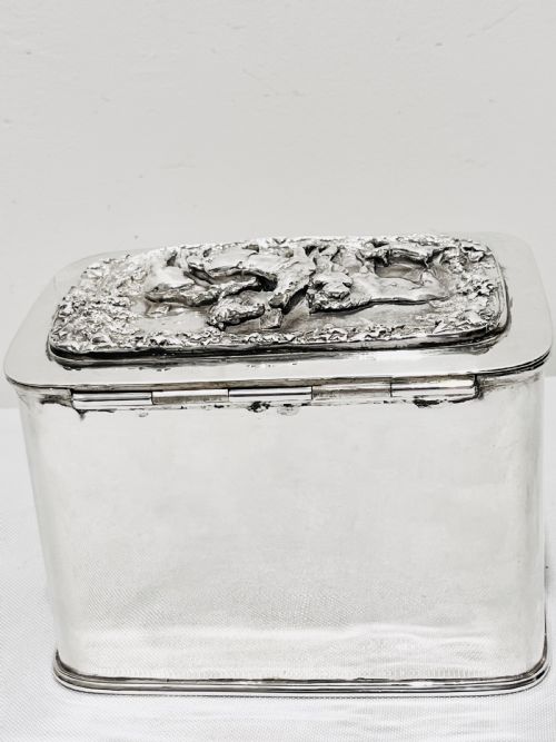 HANDSOME ANTIQUE SILVER PLATED TEA CADDY WITH RELIEF WORK C1880 - ADDITIONAL PHOTO 4