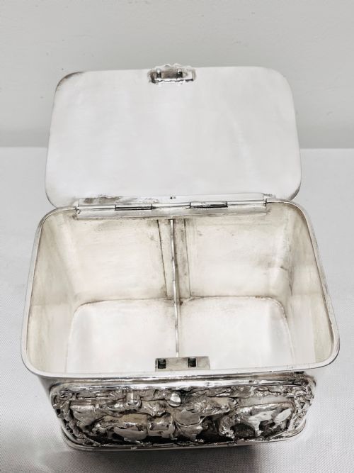 HANDSOME ANTIQUE SILVER PLATED TEA CADDY WITH RELIEF WORK C1880 - ADDITIONAL PHOTO 7