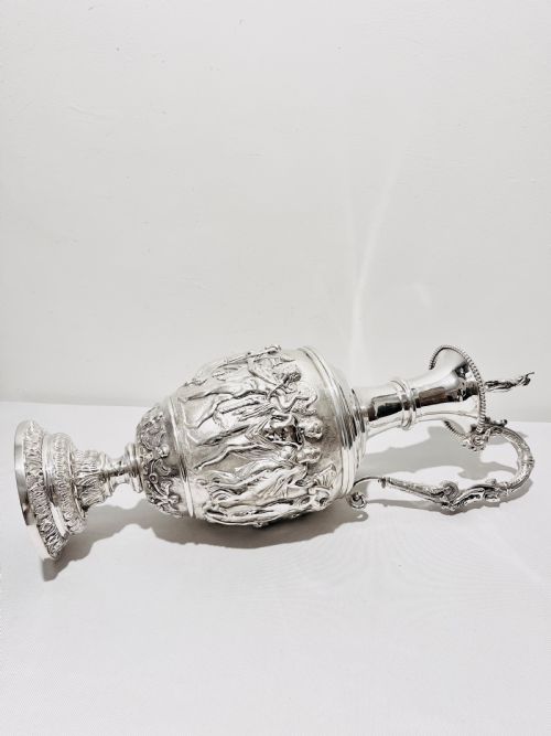 ANTIQUE SILVER PLATED TALL CLARET JUG WITH RELIEF WORK C1880 - ADDITIONAL PHOTO 4
