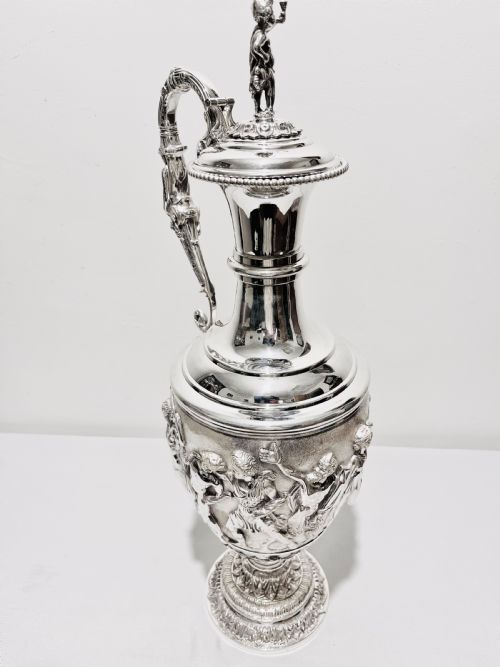 ANTIQUE SILVER PLATED TALL CLARET JUG WITH RELIEF WORK C1880 - ADDITIONAL PHOTO 6