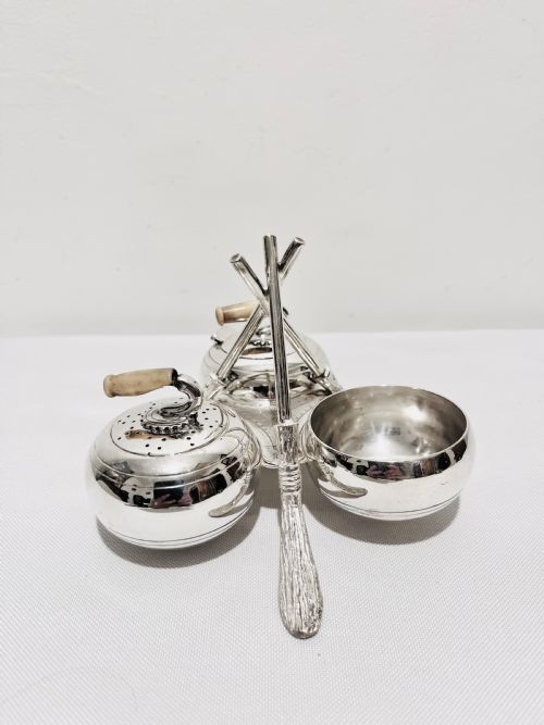 novelty silver plated cruet in the form of curling stones and brushes c1880 - CATEGORY: ANTIQUE SILVER - DATED 1880