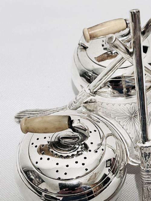 NOVELTY SILVER PLATED CRUET IN THE FORM OF CURLING STONES AND BRUSHES C1880 - ADDITIONAL PHOTO 1