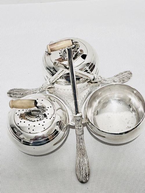 NOVELTY SILVER PLATED CRUET IN THE FORM OF CURLING STONES AND BRUSHES C1880 - ADDITIONAL PHOTO 3