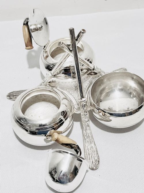 NOVELTY SILVER PLATED CRUET IN THE FORM OF CURLING STONES AND BRUSHES C1880 - ADDITIONAL PHOTO 4