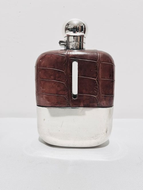silver plated and leather crocodile skin look hip flask c1880 - CATEGORY: ANTIQUE SILVER - DATED 1880