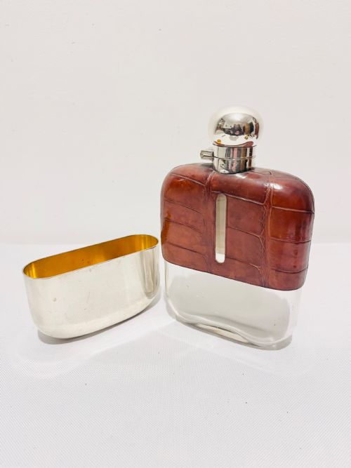 SILVER PLATED AND LEATHER CROCODILE SKIN LOOK HIP FLASK C1880 - ADDITIONAL PHOTO 1