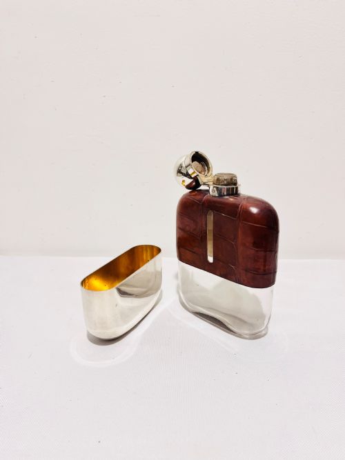 SILVER PLATED AND LEATHER CROCODILE SKIN LOOK HIP FLASK C1880 - ADDITIONAL PHOTO 2