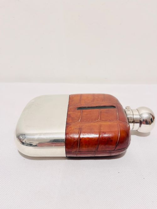 SILVER PLATED AND LEATHER CROCODILE SKIN LOOK HIP FLASK C1880 - ADDITIONAL PHOTO 3