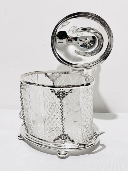 ANTIQUE SILVER PLATED AND CUT GLASS BISCUIT BOX C1880 - ADDITIONAL PHOTO 4
