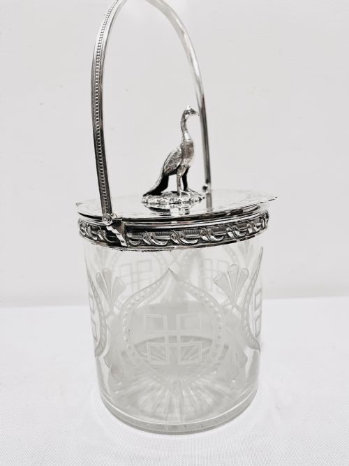 antique silver plated glass biscuit box c1880 with possibly a pheasant bird finial - CATEGORY: ANTIQUE GLASS - DATED 1880