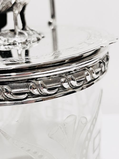ANTIQUE SILVER PLATED GLASS BISCUIT BOX C1880 WITH POSSIBLY A PHEASANT BIRD FINIAL - ADDITIONAL PHOTO 2