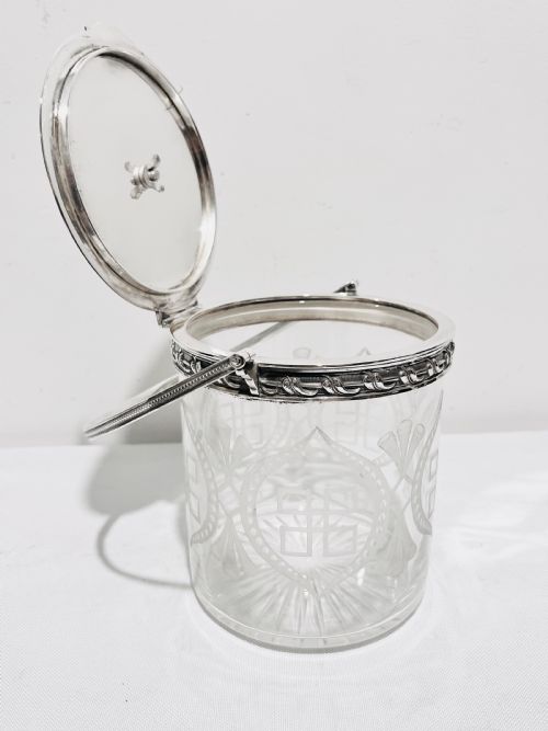 ANTIQUE SILVER PLATED GLASS BISCUIT BOX C1880 WITH POSSIBLY A PHEASANT BIRD FINIAL - ADDITIONAL PHOTO 5