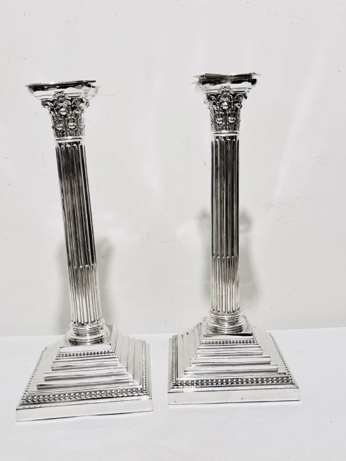 traditional pair of antique silver plated corinthian column candlesticks c1880 - CATEGORY: ANTIQUE SILVER - DATED 1880