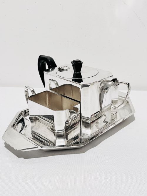 art deco silver plated tea set with original matching tray c1920 - CATEGORY: ANTIQUE SILVER - DATED 1920
