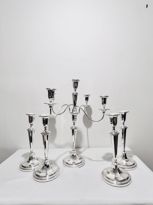 antique silver plated suite of 5 light candelabra and set of 4 candlesticks c1910 - CATEGORY: ANTIQUE SILVER - DATED 1910
