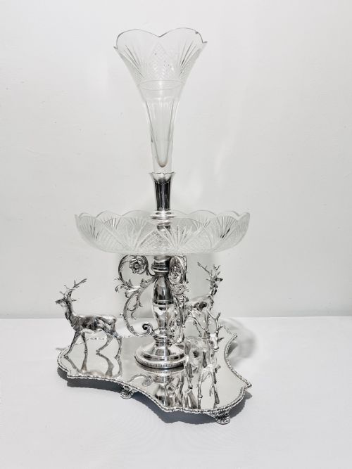 antique silver plated centrepiece with stags by james dixon sons c1880 - CATEGORY: ANTIQUE SILVER - DATED 1880