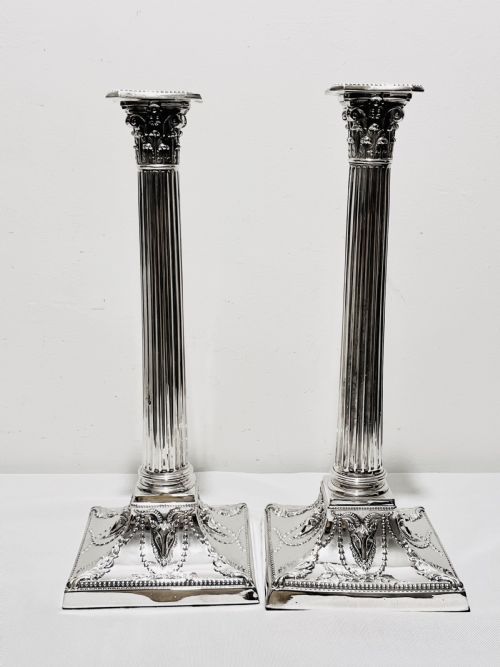 antique silver plated traditional corinthian column candlesticks c1880 - CATEGORY: ANTIQUE SILVER - DATED 1880