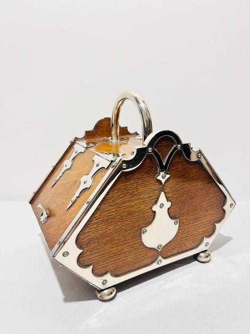 antique large silver plate and oak double opening biscuit box c1880 - CATEGORY: ANTIQUE BOXES - DATED 1880